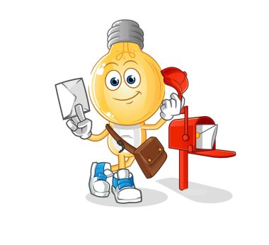 Ampul başlı karikatür postacı vektörü. çizgi film karakteri