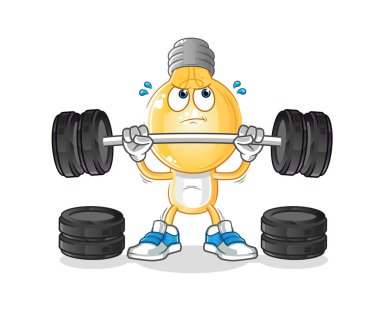 Ampul kafalı çizgi film, halter karakterini kaldırıyor. çizgi film vektörü
