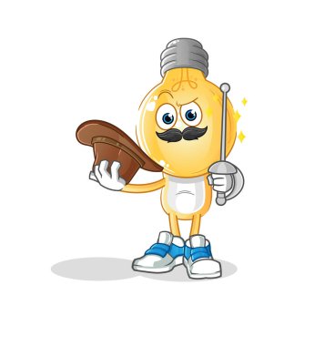 Ampul kafalı karikatür eskrimci karakter. çizgi film maskotu vektörü