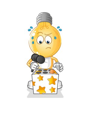 Ampul kafalı çizgi film karakteri bir köstebek maskotuna vurdu. çizgi film vektörü