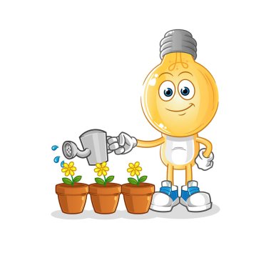 Ampul kafalı çizgi film karakteri çiçek maskotunu suluyor. çizgi film vektörü