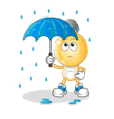 Ampul kafalı çizgi film şemsiye çizimi tutuyor. karakter vektörü