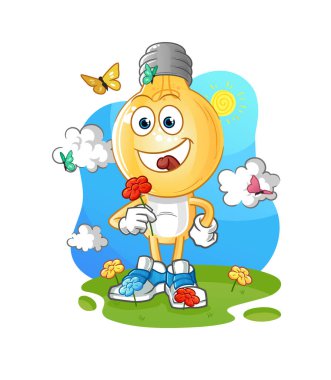 Ampul kafalı çizgi film karakteri baharda çiçek toplar. karakter vektörü