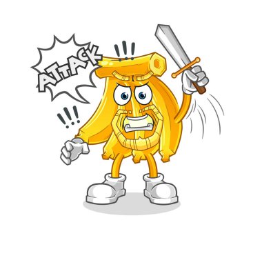 Muz şövalyeleri kılıçla saldırır. çizgi film maskotu vektörü