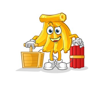 Muz elinde dinamit fünyesi var. çizgi film maskotu vektörü