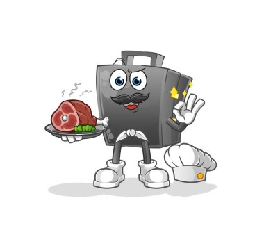 Evrak çantası şefi ve et maskotu. çizgi film vektörü