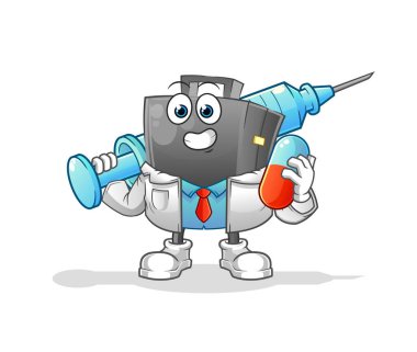 Evrak çantası doktoru elinde ilaç ve iğne tutuyor.