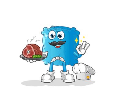 Yastık şefi ve et maskotu. çizgi film vektörü