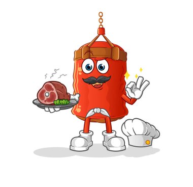 Et maskotuyla torba şefi yumruklamak. çizgi film vektörü