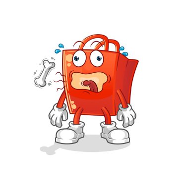 Alışveriş çantası geğirme maskotu. çizgi film vektörü