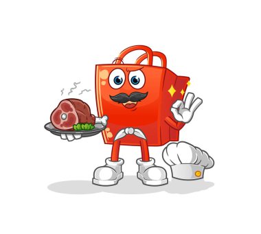 Et maskotuyla alışveriş torbası şefi. çizgi film vektörü