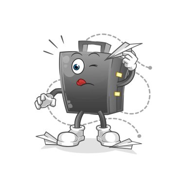 İçinde kağıt uçak karakteri olan evrak çantası. çizgi film maskotu vektörü