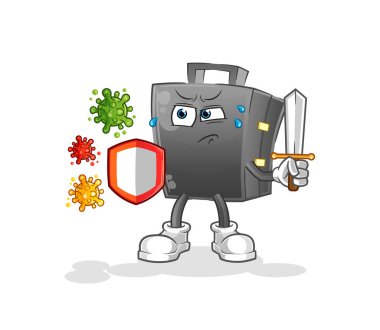 Virüslere karşı evrak çantası. çizgi film maskotu vektörü