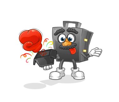 Evrak çantası şaka eldivenleri kutuda. çizgi film maskotu