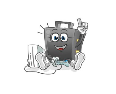 Evrak çantası video oyunları oynuyor. çizgi film karakteri