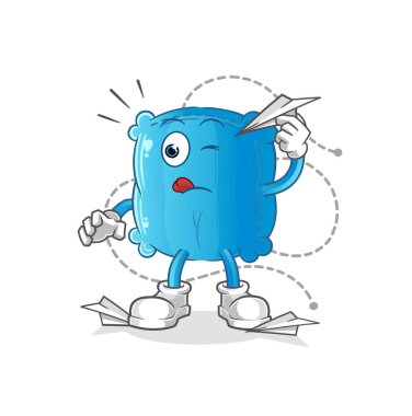 Yastıkta kağıt uçak karakteri. çizgi film maskotu vektörü