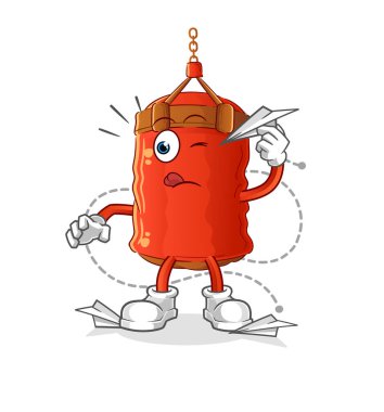 Kağıt uçak karakterli kum torbası. çizgi film maskotu vektörü