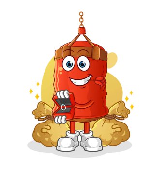 Kum torbası yüzükle evlenme teklif et. çizgi film maskotu vektörü