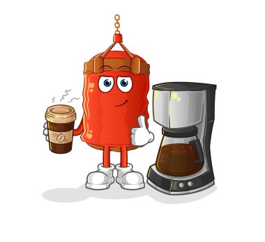 Kum torbası kahve illüstrasyonu içiyor. karakter vektörü