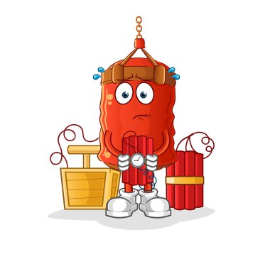 Elinde dinamit karakteri olan kum torbası. çizgi film maskotu vektörü