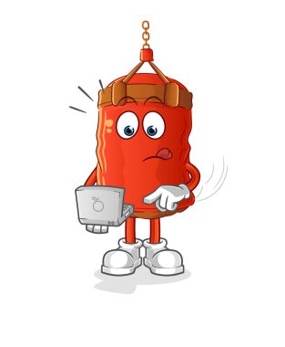 Laptop maskotlu kum torbası. çizgi film vektörü