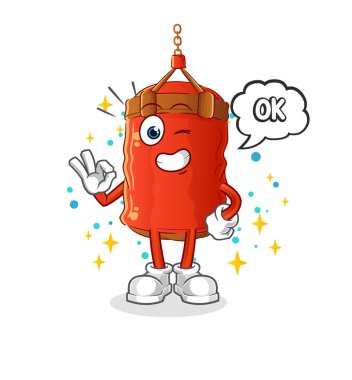 Kum torbası kabul ediyor maskotu. çizgi film vektörü