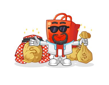 Alışveriş çantası zengin Arap maskotu. çizgi film vektörü
