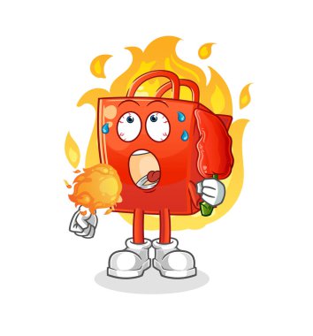 Alışveriş çantası sıcak kırmızı biber maskotu yer. çizgi film vektörü