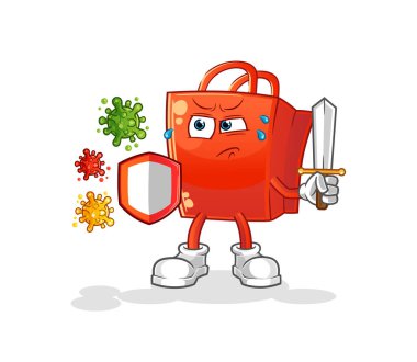 Virüs karikatürlerine karşı alışveriş torbası. çizgi film maskotu vektörü
