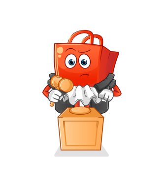 Alışveriş torbası yargıcı tokmağı tutuyor. karakter vektörü