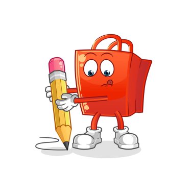 Alışveriş çantası kalemle yaz. çizgi film maskotu vektörü