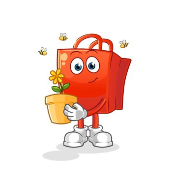 Çiçek saksısı olan bir alışveriş çantası. karakter vektörü