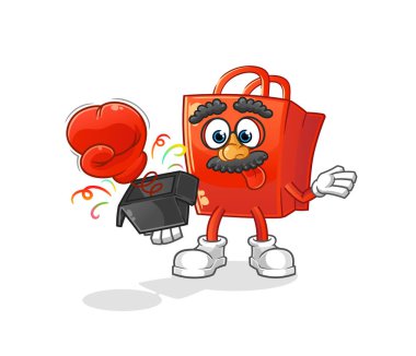 Alışveriş çantası şaka eldiveni kutuda. çizgi film maskotu