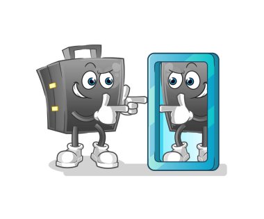 Evrak çantası ayna karikatürüne bakıyor. çizgi film maskotu vektörü