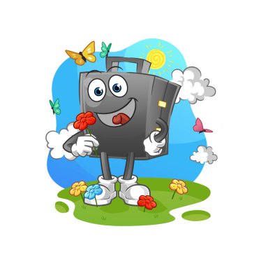 Çanta baharda çiçek toplar. karakter vektörü