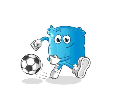 Yastık topa tekme atıyor. çizgi film maskotu vektörü