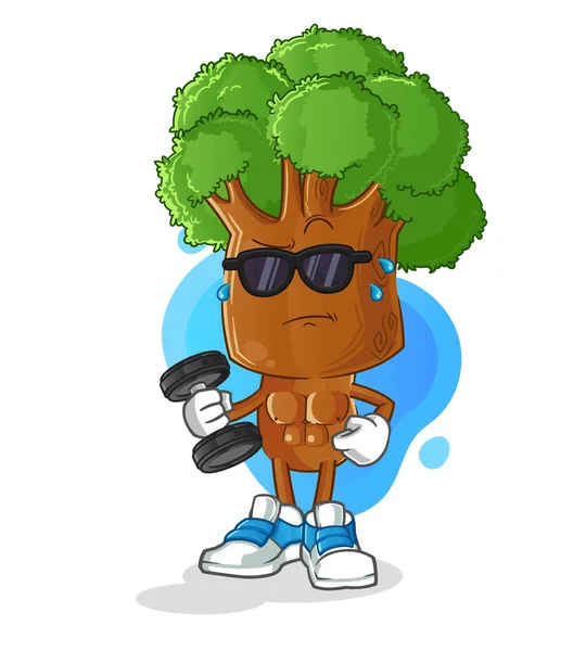 Ağaç başı çizgi filmi dambıl vektörünü kaldırıyor. çizgi film karakteri