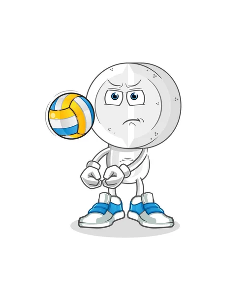 Médecine Comprimé Tête Dessin Animé Jouer Volley Ball Mascotte Vecteur — Image vectorielle