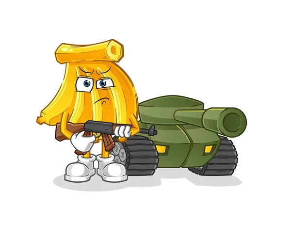 戦車キャラクターのバナナ兵士 漫画マスコットベクトル — ストックベクタ
