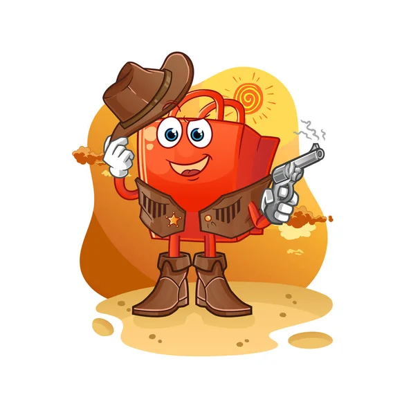 Shopping Bag Cowboy Gun Character Vector — Stock Vector