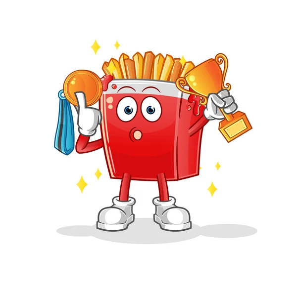 French Fries Winner Trophie Cartoon Character — Stock Vector
