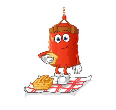 Piknik çizgi filminde kum torbası. çizgi film maskotu vektörü