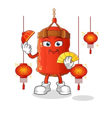 Fener resimli Çin yemeği torbası. karakter vektörü