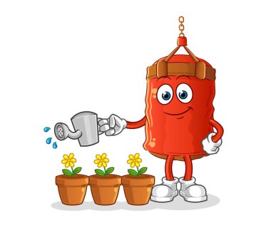 Kum torbası çiçek maskotunu suluyor. çizgi film vektörü