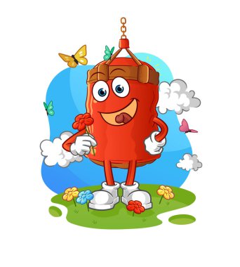 Kum torbası baharda çiçek toplar. karakter vektörü