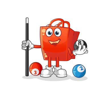 Alışveriş çantası bilardo oynar. çizgi film maskotu vektörü