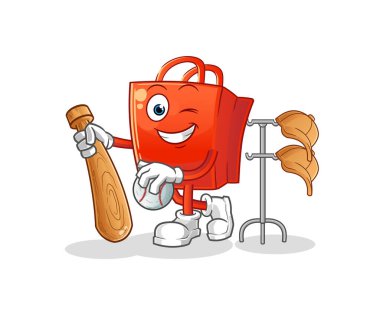 Alışveriş çantası beyzbol maskotu oynuyor. çizgi film vektörü