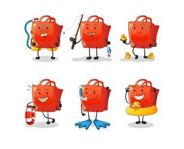 Alışveriş torbası su aktivite grubu. çizgi film maskotu vektörü