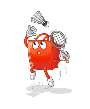 Alışveriş torbası badminton çizgi filminde ezer. çizgi film maskotu vektörü