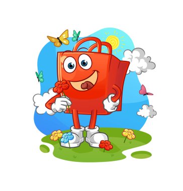 Alışveriş torbası baharda çiçek toplar. karakter vektörü